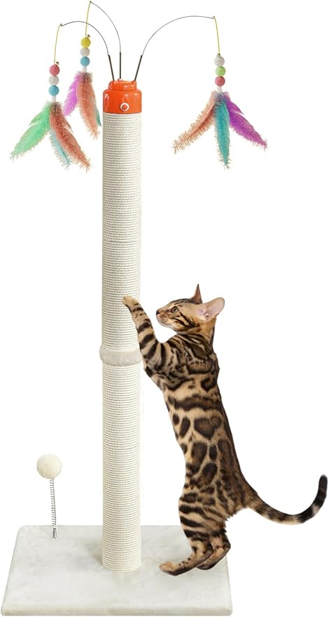 YARUOMY Cat Scratching Post ，41.3" Sisal Rope Cat Scratcher Tall Scratching Post for Indoor Cats Adult with Interactive Cat Toys Automatic Teaser Wand and Rotating Hanging Balls