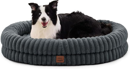 ChiXnuggle XL Dog Bed - Luxury Striped Faux Fur Waterproof Pet Couch with Removable Washable Cover, Orthopedic Dog Bed with Bolster Sides for Sleeping, Dark Grey