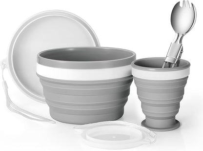 Odoland Camping Collapsible Silicone Cup and Bowl Set, Portable Mess Kit with Stainless Steel Spork and Lid for 1 Person Backpacking, Family Cookware, Hiking, Picnic, Travel
