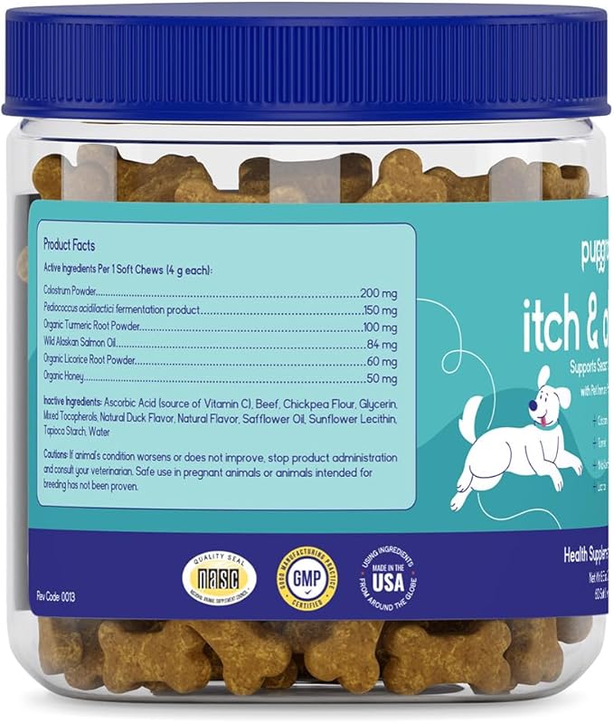 PupGrade Itch & Allergy Soft Chews for Dogs – Helps Reduce Occasional Itching – Skin & Coat Support Supplement with Pet Immune Postbiotics & Salmon Oil – Probiotic Immune & Gut Support – 60 Count