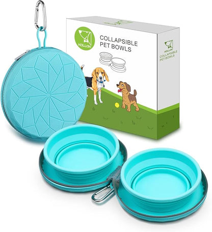 KALLAK Collapsible Silicone Twin Bowls with Zipper Silicone Case, 2 in 1 Portable Travel Dog Feeder, Pop Out Non-Skid Food and Water Bowl with Carabiner Clip