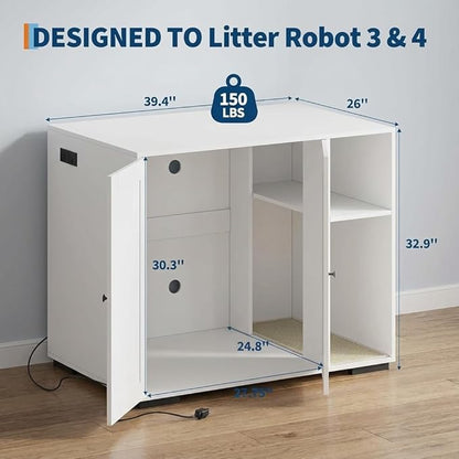 GAOMON Large Litter Box Enclosure Cabinet for Litter Robots, Cat Litter Furniture with Dog-Proof Shelf and Built-in Power Outlet, 5 Ft Power Cord, Fits Most Self-Cleaning Litter Boxes, White