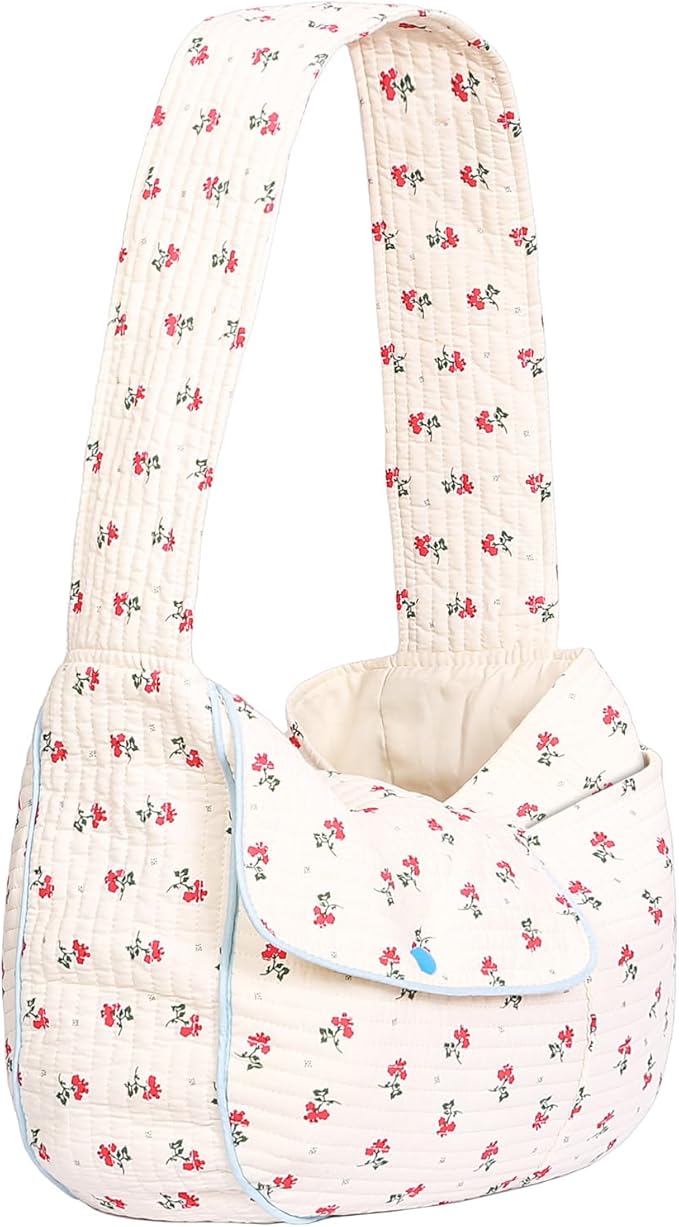 Flower Pet Sling Carrier for Small Dogs and Cats, Breathable Cotton Cats Carrier Purse，Floral Print Puppy Bag 5-10 Lbs, Hand Free Travel Chest Cat Sling, Gifts for Pet Mom Girls（White, Small