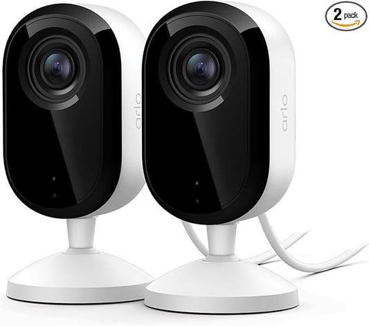 Arlo Essential Indoor Security Camera 2K (3rd Gen, 2025 Release) - Wired Plug-in Power, Person Recognition, Animal Detection, 1-Month Trial of Secure Plan, Automated Privacy Shield, 2 Cam, White