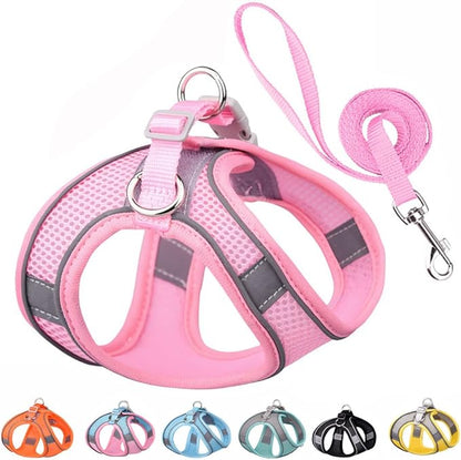 Small Dog Harness and Leash Set, No-Pull Reflective Puppy Harness for Outdoor Walking, Breathable Mesh Girl Cats Vest for XXS Xs Small Medium Female Pet Dogs, Pink XXS