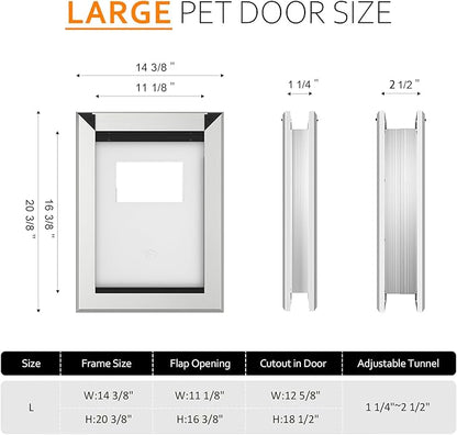 [Classicmacher] Heavy Duty Dog Door with Double Sliding Lock Panel, Aluminum Large Doggie Door for Exterior Door, Magnetic Double Flaps Do g Door for L arge and Medium Dog Up to 100Lbs (Large,Silver)