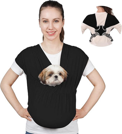 Supet Dog Sling Carrier for Small Pets, Hands Free Cat Sling, Reducing Back Neck Pain Anti-Anxiety Puppy Front, Adjustable Soft Dog Carrying (Black, Regular 7-15 Lbs)