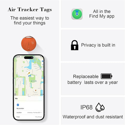 Air Tracker Tag, [MFi Certified] Smart Tag, Pet Bluetooth Tracker for Apple Find My, IP68 Waterproof,Replaceable Battery, Key Finder and Item Locator for Keys, Bags, Pets, Wallet (iOS Only)-Orange