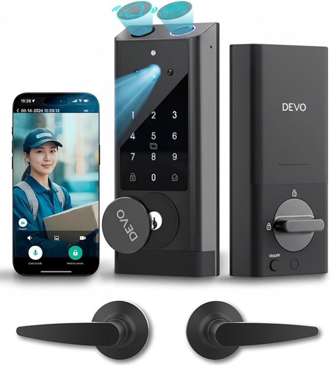 Devo G1 Video Smart Lock with Camera & Doorbell, 6-in-1 Fingerprint Keyless Entry Door Lock for Front Door, App Remote, Auto Locks, Wi-Fi Smart Deadbolt, Easy Install, Waterproof Black(Handle)