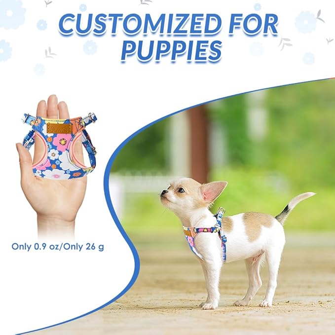 Lukovee Puppy Harness and Leash Set, No Pull Lightweight Soft Suede Adjustable Pet Harness Vest with Snap Buckle for Puppy Small and Medium Size Dog (Blue Flower, XS)