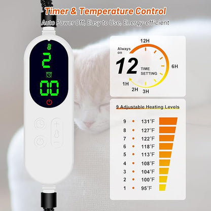 Pet Heating Pad for Cats Dogs, Electric Heated Dog Bed Indoor with Timer, 9 Level Temperature Heated Pet Bed with Chew Resistant Cord, Auto Power-Off Dog Cat Heating Pad