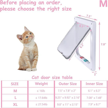 goTeamghjkl Cat Door Flap (Outer Size 7.5" x 7.8"), 4 Way Locking Medium Cat Door for Interior Exterior Doors, Weatherproof Pet Door for Cats Doggie Kitty and Kittens with Circumference < 15.75"