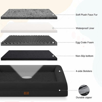 XLarge Orthopedic Dog Bed for Large Dogs, Waterproof Egg Crate Foam Dog Bed with Removable Washable Cover, 4-Sides Removable Bolster Soft Sofa Couch with Non-Slip Bottom, Black
