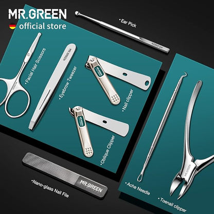 MR.GREEN Manicure Sets Pedicure Kits Stainless Steel Nail Clipper Personal Care Tools with PU Leather Case (Green)