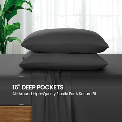SONORO KATE 100% Viscose Derived from Bamboo_Sheets Queen Size, Ultra Breathable & Cooling Bed Sheets for Hot Sleepers, Hotel Luxury Silky Bedding Sheets, 16" Deep Pocket - 4PC (Black,Queen)