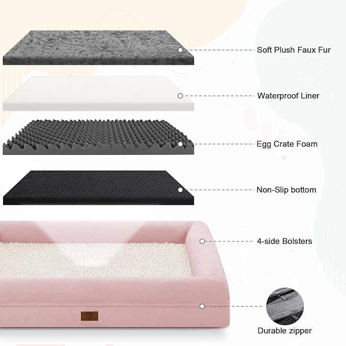 XL Orthopedic Dog Bed for Large Dogs, Washable Dog Bed with 4-Sides Removable Bolster, Waterproof Pet Sofa with Non-Slip Bottom for Extra Large Dogs, Pink