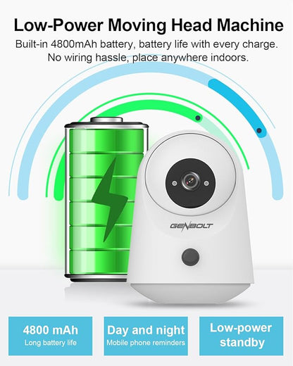GENBOLT 2K WiFi Indoor House Security Camera Wireless, Pan Tilt Pet Camera with 5000mAh Battery Powered, IP Camera CCTV Nanny Dog Cam Baby Monitor with PIR Detection
