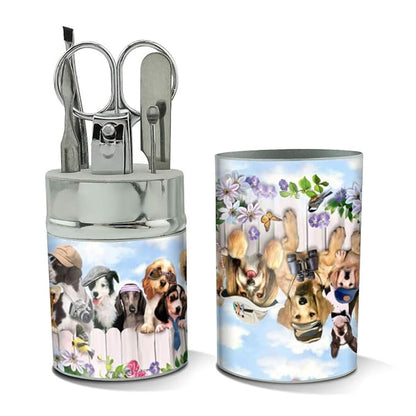 Dogs Outdoors on Fence Pattern Stainless Steel Manicure Pedicure Grooming Beauty Care Travel Kit