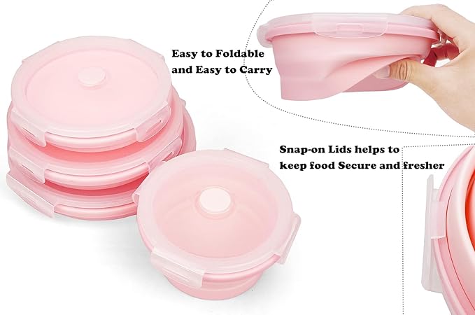 Joyinjojo Collapsible Dog Bowls with Lids, 2 Pack Portable Travel Dog Bowls for Small Medium Large Dogs, Silicone Foldable Outdoor Dog Cat Food Water Bowls for Camping Hiking Road Trip, Pink 12 oz