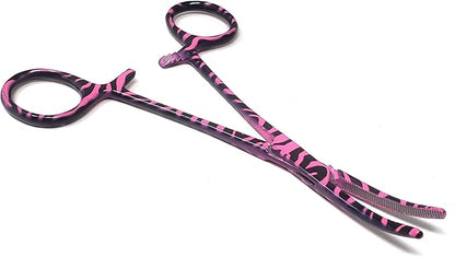 Dog Pet Ear/Nose Hair Puller Grooming Hemostat Locking Forceps Curved Pliers, 5.5" (14cm) Full Serrated Clamps Stainless Steel (Pink Candy Swirls)