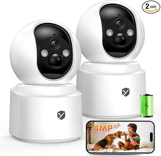 Battery Powered Indoor Camera Wireless 2 Pack, PTZ Pet Camera with 6000mAh Rechargeable, Dual-Band WiFi, 2.5K Color Night Vision, SD/Cloud Storage, 2-Way Audio, APP Remote, Cat/Dog/Home Monitoring