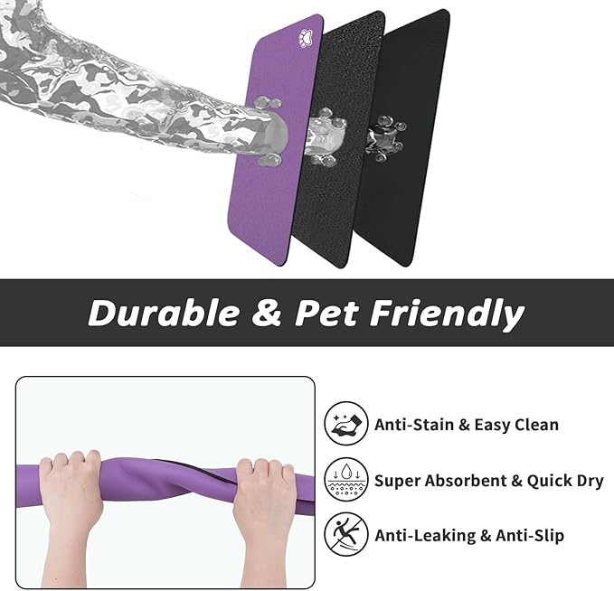 HotLive Dog Food Mat - Absorbent Cat Mat for Food and Water, No Stains Pet Feeding Bowl Mat, Easy to Clean Pet Placemats, Quick Dry Dog Water Dispenser Mat for Messy Drinkers | Paw Purple 18"x34"