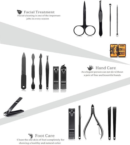 Professional Stainless Steel Nail Clipper Travel & Grooming Kit Nail Tools Manicure & Pedicure Set of 15pcs with Luxurious Case (Black/Yellow)