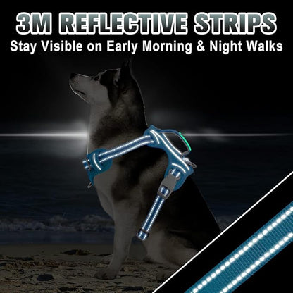 BARKBAY No Pull Dog Harness Large Reflective Dog Harness with Front Clip and Easy Control Handle for Walking Training Running with ID tag Pocket(Blue,L)