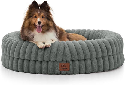 ChiXnuggle Dog Bed Medium Sized Dog - Luxury Striped Faux Fur Waterproof Pet Couch with Removable Washable Cover, Orthopedic Pet Bed with Bolster Sides for Sleeping, Grey