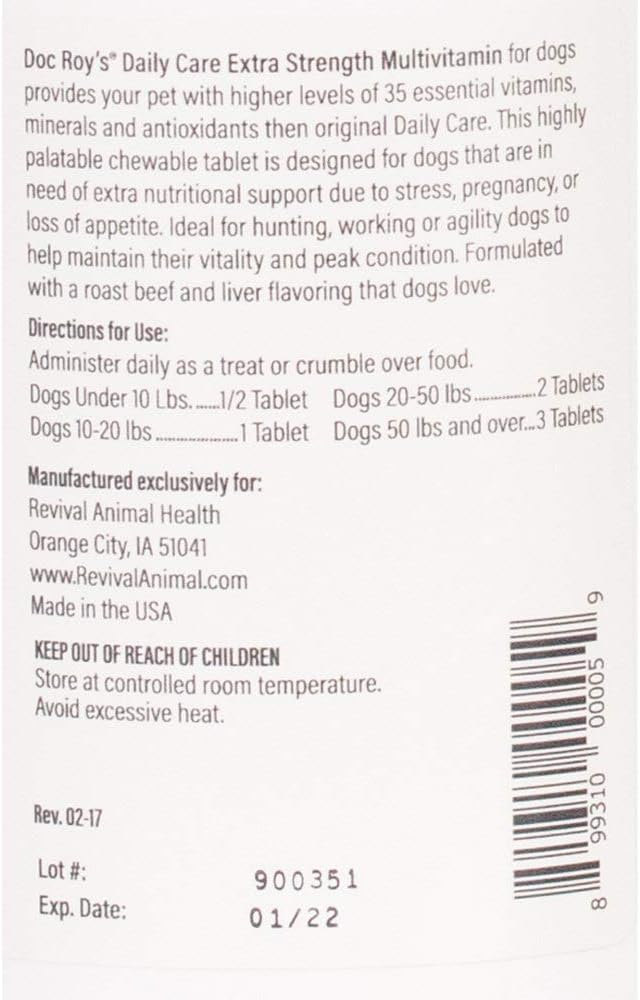 Doc Roy's Daily Care Extra Canine, Advanced Multivitamin Supplement for Dogs, Supports Energy, Immune, Muscle, Bone & Brain Health, Provides Vitamins A C D3 E B Complex, Iron Zinc, 180ct Tablets