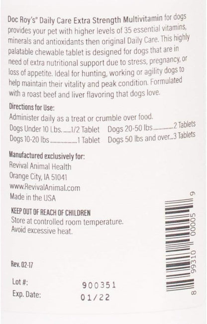 Doc Roy's Daily Care Extra Canine, Advanced Multivitamin Supplement for Dogs, Supports Energy, Immune, Muscle, Bone & Brain Health, Provides Vitamins A C D3 E B Complex, Iron Zinc, 180ct Tablets