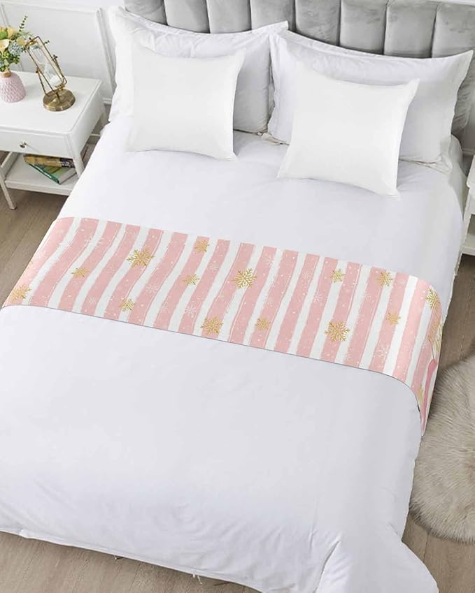 Pink Santa Christmas Bed Runner for Cal.King Size Bed, Xmas Decorative Bed Scarf Throws for Foot of Bed, Snowflake Pink White Striped Luxury Bedding Slipcover Bed Runners for Home, 102 x 20 Inch