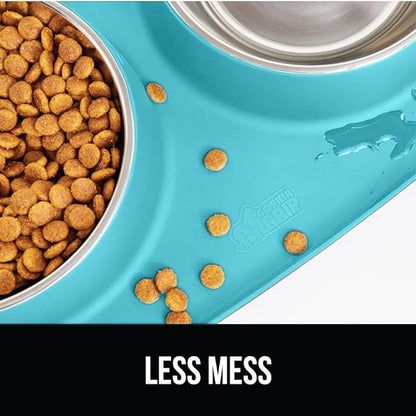 GORILLA GRIP Feeding Mat Bowl Set, 3 Cup 100% Waterproof BPA Free Silicone, 304 Stainless Steel Cat and Dog Bowls for Food and Water, Slip Resistant, High Edge, US Designed, Patent Pending, Turquoise