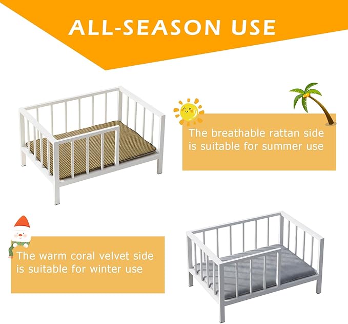 OSCHF Dog Bed with Rails - Elevated Pet Metal Bed Frame with Solid Wood Board and Washable Soft Mat for Small Dog Indoor or Outdoor Use, 21.3" x 30 ", White