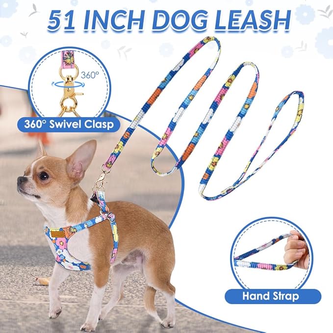 Lukovee Puppy Harness and Leash Set, No Pull Lightweight Soft Suede Adjustable Pet Harness Vest with Snap Buckle for Puppy Small and Medium Size Dog (Blue Flower, S)