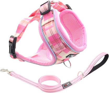 THAIN Reflective Dog Vest Harness & Leash Set – No-Pull Design, Adjustable & Comfortable for Small Dogs (S, Pink Plaid)