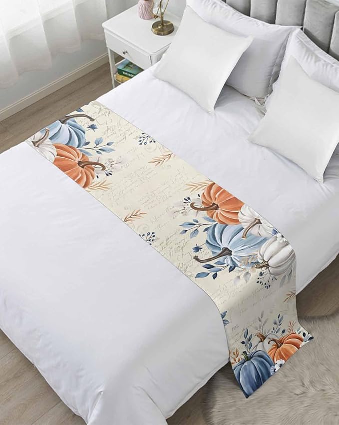 Orange Blue Pumpkins Bed Runner for King Size Bed, Fall Decorative Bed Scarf Throws for Foot of Bed, Thanksgiving Elegant Leaves Luxury Bedding Protector Slipcover Bed Runners for Home, 94 x 20 Inch