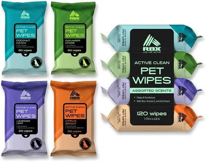 RBX Active Clean Dog Wipes for Paws and Butt (120 Count) – Pet Wipes Cleaning & Deodorizing with Aloe, Vitamin E & Oat Extract – Hypoallergenic Puppy Wipes, 4 Scents