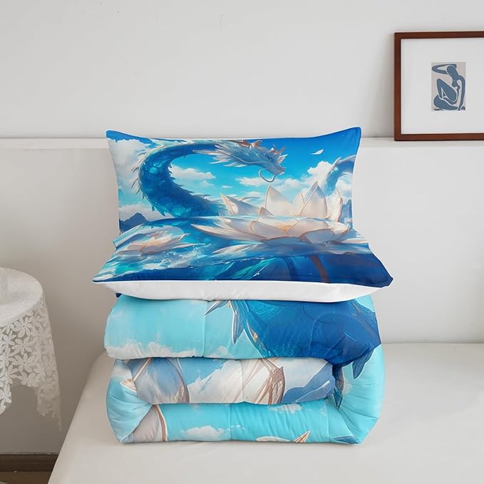 Erosebridal Dragon Bedding Set Twin Blue Comforter Set, White Lotus Floral Duvet Insert Sea Ocean Quilt Comforter, Flower Blossoms Bedding Comforters & Sets 3D Cartoon Room Decoration Microfiber 2pcs