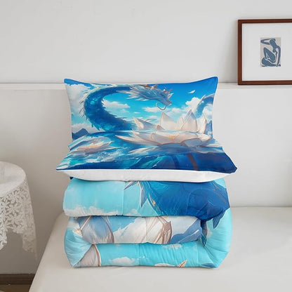 Erosebridal Dragon Bedding Set Full Blue Comforter Set, White Lotus Floral Duvet Insert Sea Ocean Quilt Comforter, Flower Blossoms Bedding Comforters & Sets 3D Cartoon Room Decoration Microfiber 3pcs