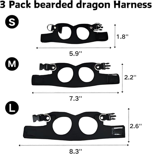 3 Pack Bearded Dragon Harness and Leash Set - Adjustable Soft Leather Lizard Harness Leash Small Animal Traction Rope Training Walking Vest Accessories for Reptile Squirrel Rat (Black)