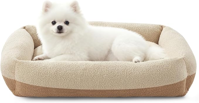FURTIME Washable Small Dog Bed, Rectangle Comfy Fluffy Kitten Puppy Bed, Removable Zipper Cover Machine Wash, Breathable Orthopedic Bed Durable Pet Cuddler with Anti-Slip Bottom, 20x19x6 in, Beige
