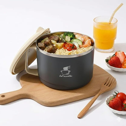 1700ml Heat-Insulated 304 Stainless Steel Ramen Bowl with Phone Holder Lid – BPA-Free, Portable Lunch Bowl for Camping, RV, Hiking, Office & Travel (Gray)