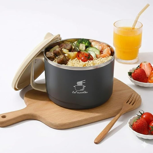 1700ml Heat-Insulated 304 Stainless Steel Ramen Bowl with Phone Holder Lid – BPA-Free, Portable Lunch Bowl for Camping, RV, Hiking, Office & Travel (Gray)