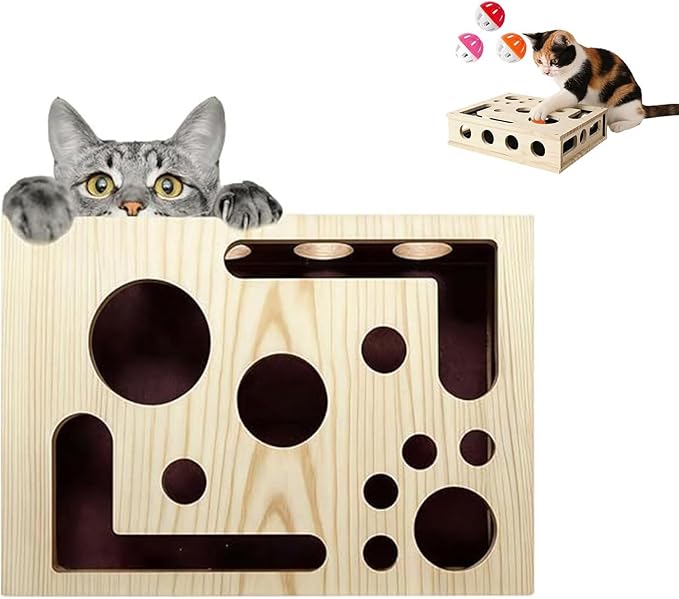 Cat Scratch Puzzle Enrichment Box, Large Solid Wood Construction Cat Nail File Enrichment Box with Sandpaper Inside, Indoor Cat Clipper No Pressure Substitute, Interactive Maze Toy