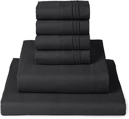 Mellanni King Sheet Set - 6-Piece Iconic Collection Bedding, (Including 4 Pillowcases), 16-Inch Deep Pocket, Easy Care, Extra Soft, Cooling Sheets, Brushed Microfiber - Black