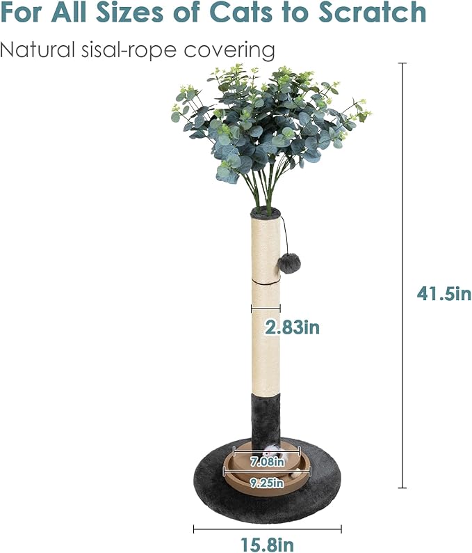 35 Inch Cat Scratching Post, Eucalyptus Sisal Rope Cat Tree Tower with Hanging Ball & Interactive Mouse Toy, Durable Scratcher for Indoor Adult Cats