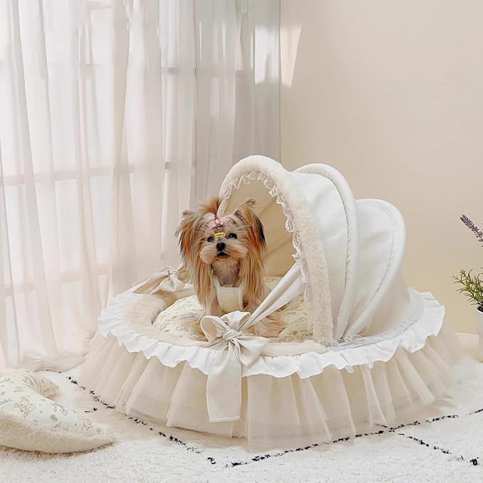 Elegant Pet Bed with Ruffles, Cradle Bed for Small Dogs Puppy Kitten Luxury Bed Sofa (M 21.3''Lx17.7''Wx11.8''Th, Fluffy Cartoon)