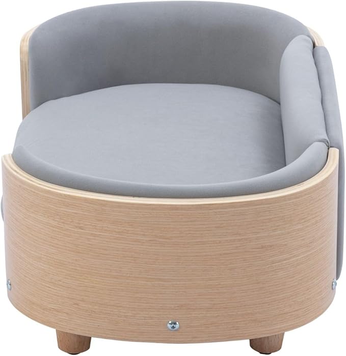 Velvet Dog Bed Pet Sofa with Solid Wood Legs and Bent Wood Back, Stain-Resistant Cushion in Multiple Colors - Luxury Pet Furniture for Cats and Dogs, Light Grey