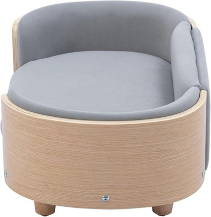Velvet Dog Bed Pet Sofa with Solid Wood Legs and Bent Wood Back, Stain-Resistant Cushion in Multiple Colors - Luxury Pet Furniture for Cats and Dogs, Light Grey